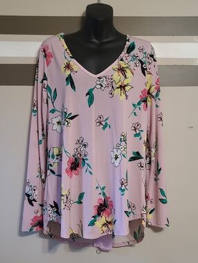 NWOT Trendsetter Pink Floral Long-Slv V-Neck Zip-Panel Back Tunic Blouse Sz XL